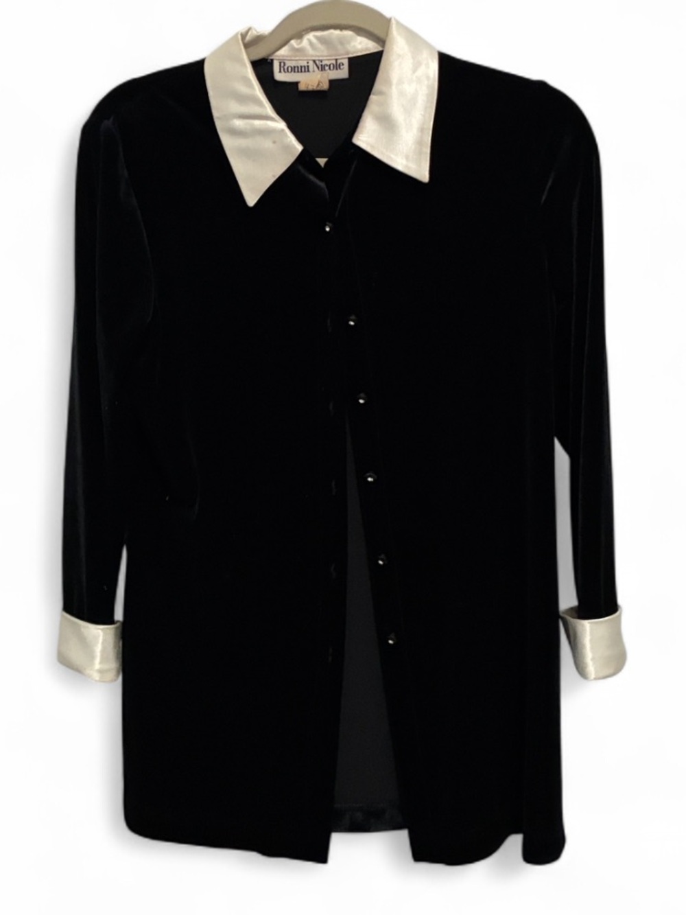Vintage Ronni Nicole Black Velvet Button Down Shirt with Ivory Collar